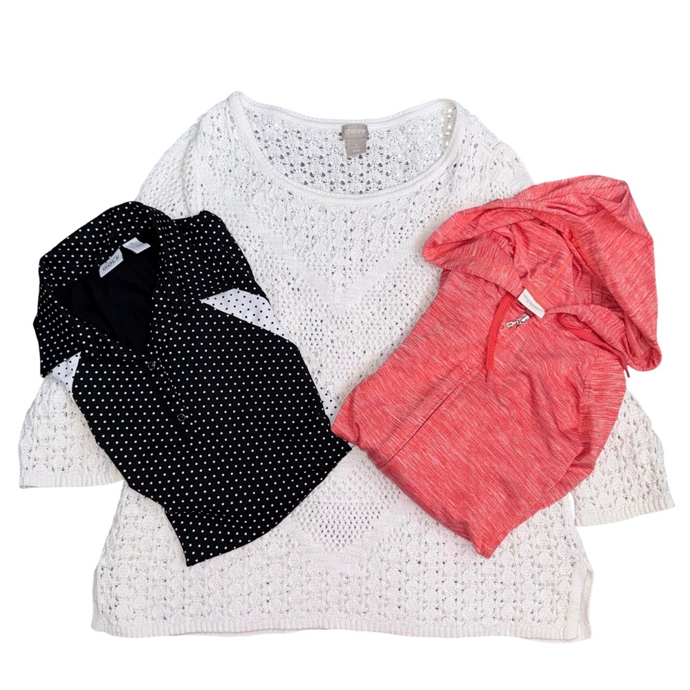 Womens Top 3 Piece Lot Chicos Crochet Sweater Polo Jockey Sport Hoodie Size 2